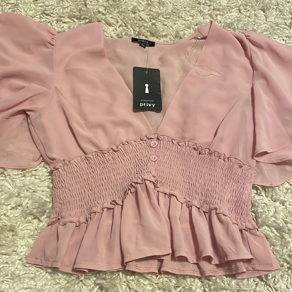 privy Dusty Pink Flutter Sleeve Smocked Waist Blouse - Picture 2 of 3